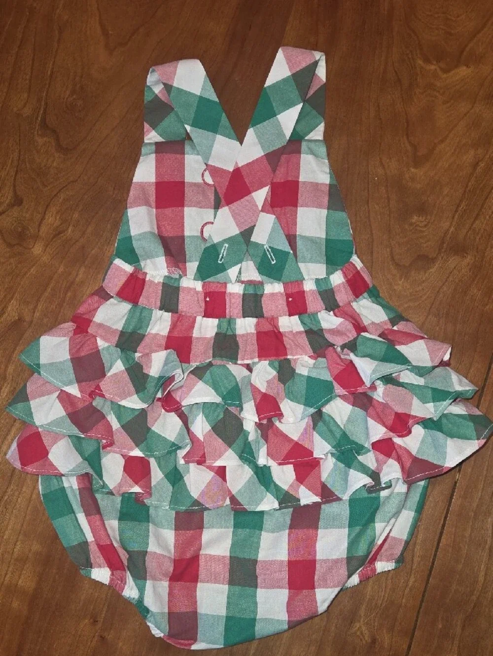 Ricrac & Ruffles Monogrammed Checkered Baby Bubble Romper - Red & Green